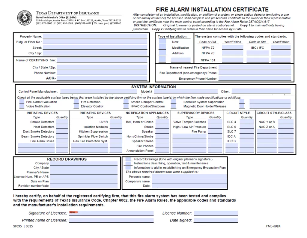 Click on the image to download Fire Alarm Installation Certificate