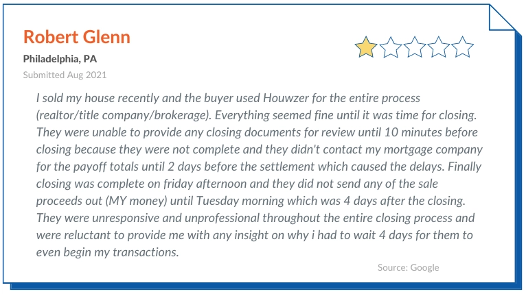 Houwzer Reviews by Robert Glenn. I sold my house recently and the buyer used Houwzer for the entire process (realtor/title company/brokerage). Everything seemed fine until it was time for closing. They were unable to provide any closing documents for review until 10 minutes before closing because they were not complete and they didn't contact my mortgage company for the payoff totals until 2 days before the settlement which caused the delays. Finally closing was complete on friday afternoon and they did not send any of the sale proceeds out (MY money) until Tuesday morning which was 4 days after the closing. They were unresponsive and unprofessional throughout the entire closing process and were reluctant to provide me with any insight on why i had to wait 4 days for them to even begin my transactions.