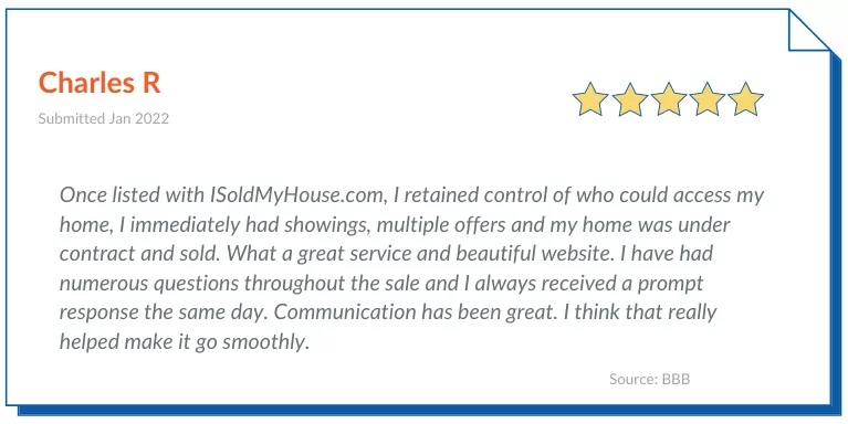 ISoldMyHouse.com Reviews by Charles R. Once listed with ISoldMyHouse.con, I retained control of who could access my home, I immediately had showings, multiple offers and my home was under contract and sold. What a great service and beautiful website.