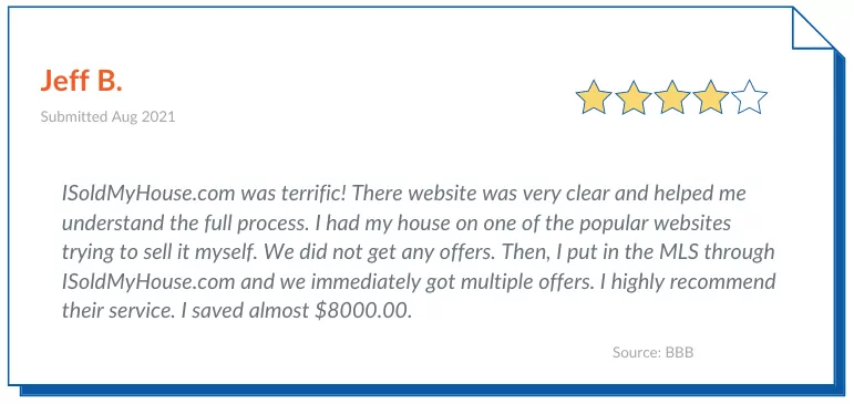 ISoldMyHouse.com Reviews by Jeff B. ISoldMyHouse.com was terrific. Their website was very clear and helped me understand the full process. I had my house on one of the popular websites trying to sell it myself. We did not get any offers. Then, I put in the MLS through ISoldMyHouse.com and we immediately got multiple offers. I highly recommend their service. I saved almost $8,000.