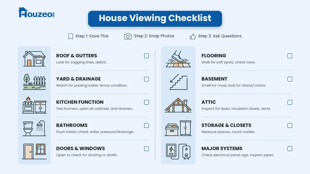 Infographic showing a home viewing checklist for homebuyers.